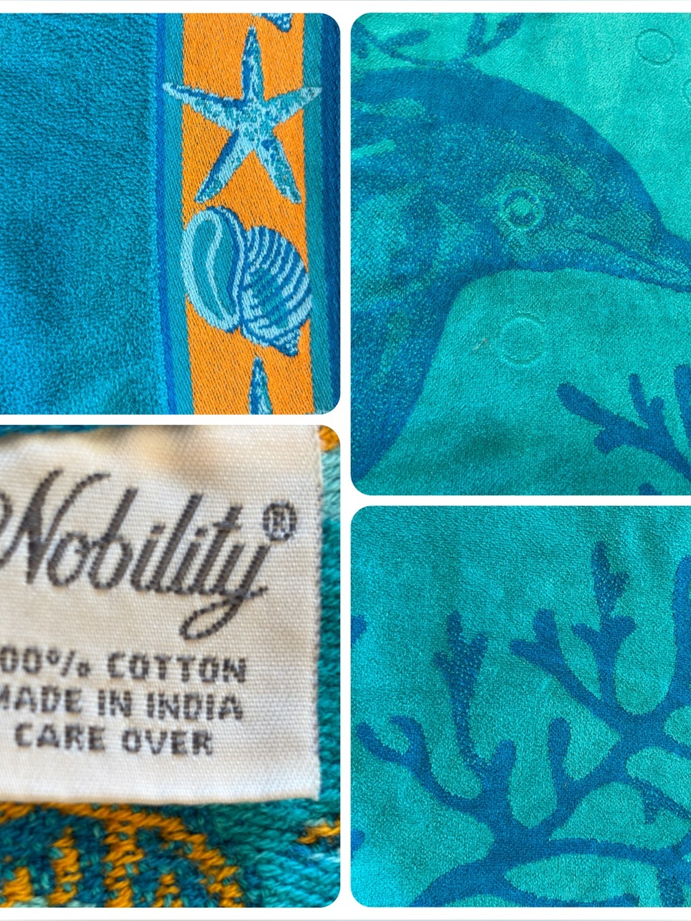 Nobility 100% cotton beach towel made in India dolphins, starfish, coral EUC